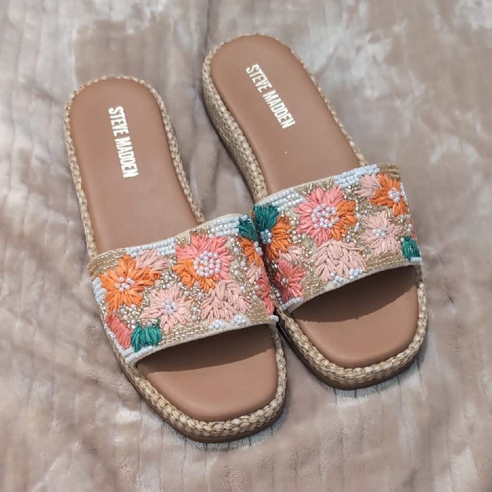 Steve Madden Floral Embroidered Sandals - Orange, Pink, Green
